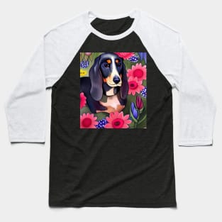 Basset Hound Dachshund Mix Basschshund Dog Puppy Whimsical Portrait Hiding in Wildflowers Secret Garden Digital Art Watercolor Painting Baseball T-Shirt